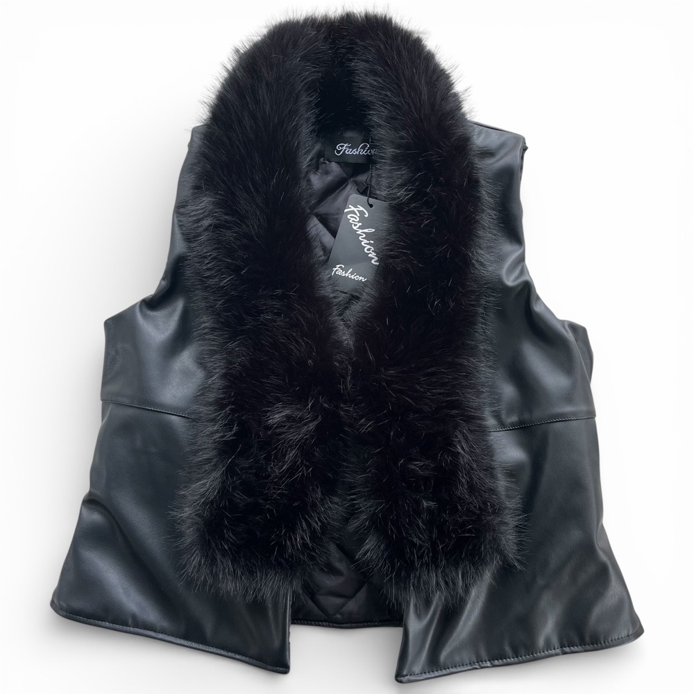 Fashion Women Black Faux Leather Faux Fur Trim Back Bow Quilted Line Vest Grunge